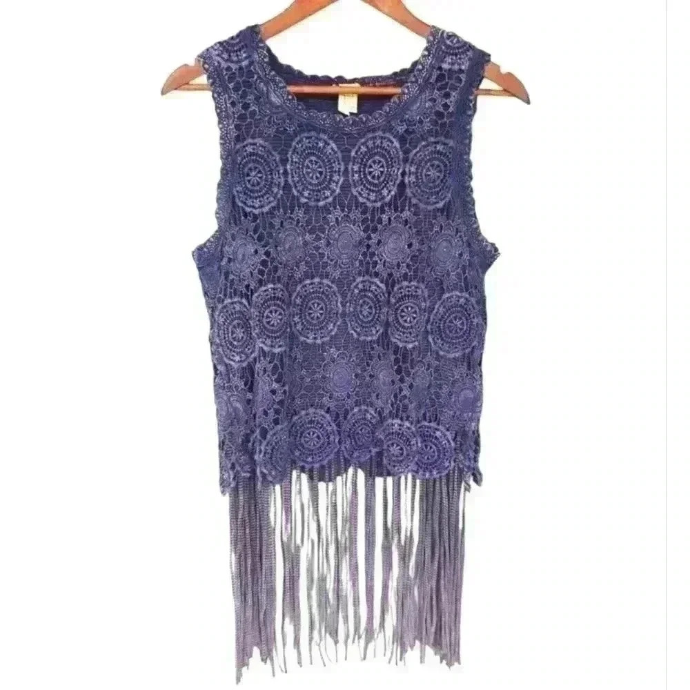 Gimmicks by BKE Blue Fringed Crochet Top